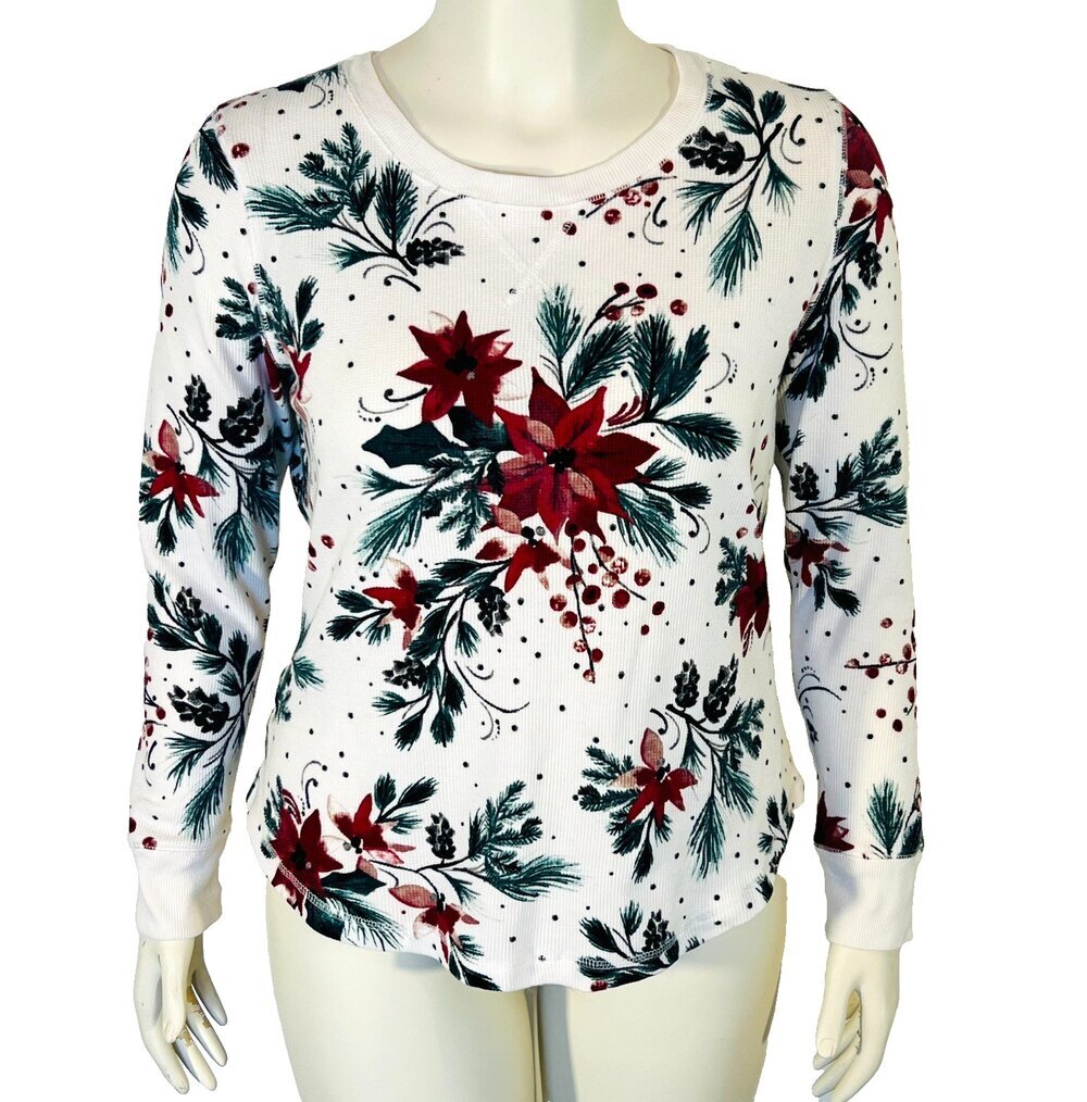 Gilligan & OMalley Thermal Long Sleeve Tee Shirt Womens L Christmas Holly Cuffed